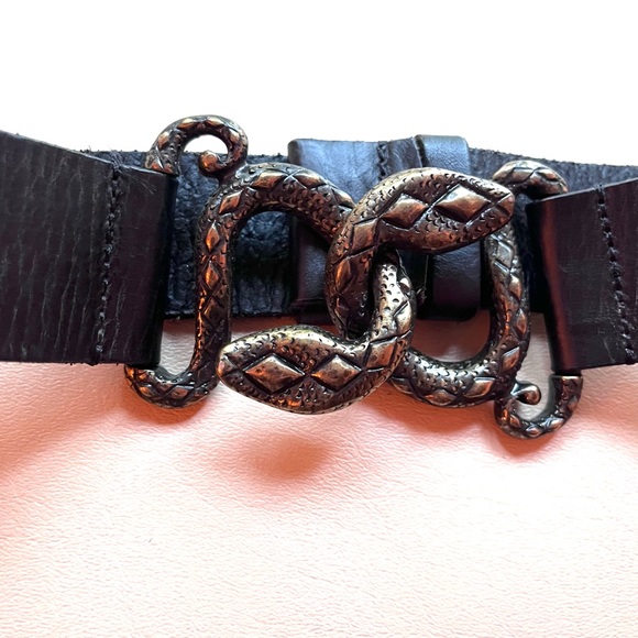 Snakes Serpents Buckle Statement Leather Slide Cinch Belt Italy - Picture 3 of 12